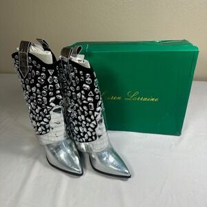 Lauren Lorraine Hana Silver Rhinestone Embellished Cowboy Western Boots Size 8